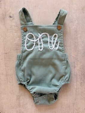 Baby’s 1st birthday Corduroy Romper in Sage with 'one' Embroidery 12-18 months
